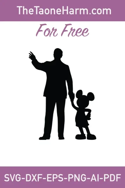 This image showcases a free Mickey Mouse and Walt Disney Silhouette design available in six file formats. It beautifully combines the iconic silhouettes of Mickey Mouse and Walt Disney, paying homage to the creative genius behind the Disney magic. Download now and infuse your creations with the timeless charm of Disney's beloved duo.