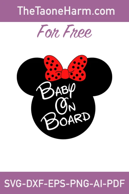 Introducing our endearing "Baby on Board Minnie Mouse" design, available for free download in six versatile file formats (SVG, DXF, EPS, AI, PDF, PNG). This heartwarming illustration features Minnie Mouse, Disney's iconic character, announcing the presence of a little one on board.